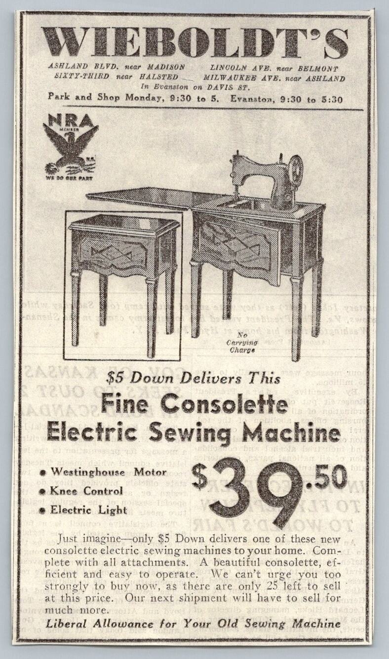 1930s Wieboldt's Chicago NRA Electric Sewing Machine Print Ad Consolette